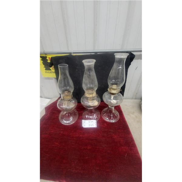Three Clear Glass Kerosene Lamps with Wicks and Chimneys