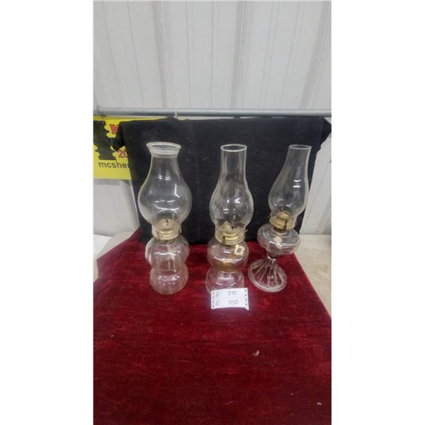 Three Clear Glass Oil Lamps, Each with Brass Burner and Chimney