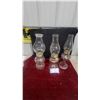 Image 1 : Three Clear Glass Oil Lamps, Each with Brass Burner and Chimney