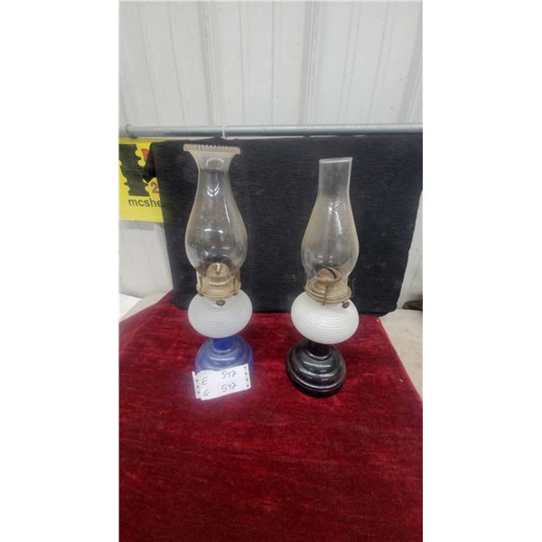 Pair of Vintage Oil Lamps with Clear Glass Chimneys, White Ribbed Founts, and Blue and Black Bases