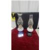 Image 1 : Pair of Vintage Oil Lamps with Clear Glass Chimneys, White Ribbed Founts, and Blue and Black Bases