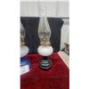 Image 4 : Pair of Vintage Oil Lamps with Clear Glass Chimneys, White Ribbed Founts, and Blue and Black Bases