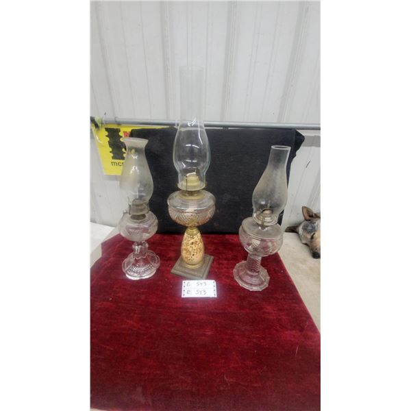Three Glass and Brass Oil Lamps with Chimneys and Bases