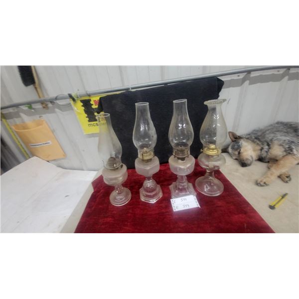 Four Kerosene Lamps, Clear and Frosted Glass, with Chimneys and Burners