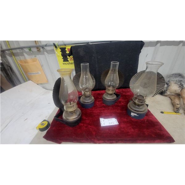 Four Wall-Mount Kerosene Lamps with Glass Chimneys and Fluted Tin Reflectors