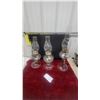 Image 1 : Three Clear Glass Oil Lamps with Brass Burners and Chimneys