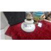 Image 3 : Three Oil Lamps: White Milk Glass, Blue Floral, and Yellow Floral Bases, Clear Glass Chimneys