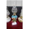 Image 4 : Three Oil Lamps: White Milk Glass, Blue Floral, and Yellow Floral Bases, Clear Glass Chimneys