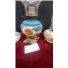 Image 5 : Three Oil Lamps: White Milk Glass, Blue Floral, and Yellow Floral Bases, Clear Glass Chimneys