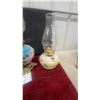 Image 6 : Three Oil Lamps: White Milk Glass, Blue Floral, and Yellow Floral Bases, Clear Glass Chimneys
