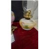 Image 7 : Three Oil Lamps: White Milk Glass, Blue Floral, and Yellow Floral Bases, Clear Glass Chimneys