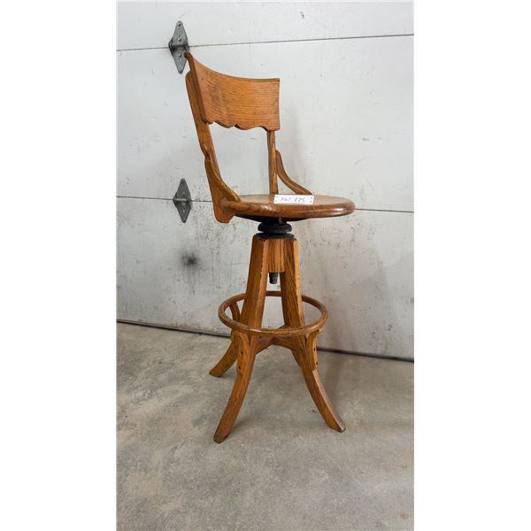 Vintage H. Krug Quarter-Sawn Oak Adjustable Height Swivel Drafting Stool With Backrest