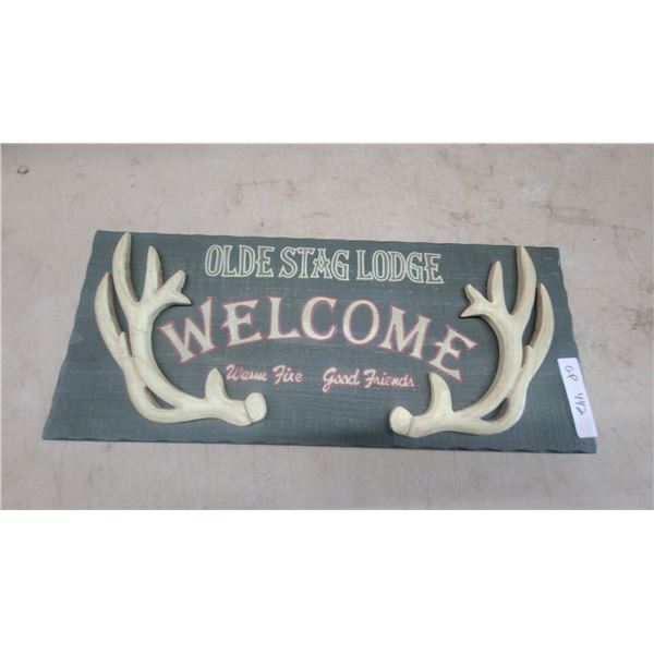 Olde Stag Lodge Welcome Sign with Antlers, “Warm Fire Good Friends”