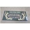 Image 1 : Olde Stag Lodge Welcome Sign with Antlers, “Warm Fire Good Friends”