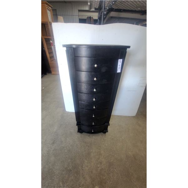 Black Wood Jewelry Armoire 40”×16”×10” with Mirror and Assorted Rings, Bracelets, and Earrings