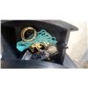 Image 6 : Black Wood Jewelry Armoire 40”×16”×10” with Mirror and Assorted Rings, Bracelets, and Earrings