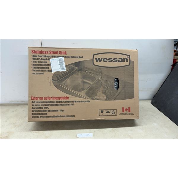 New Wessan JR600073 Stainless Steel Double Bowl Kitchen Sink, 20 Gauge, 33”, with Strainers