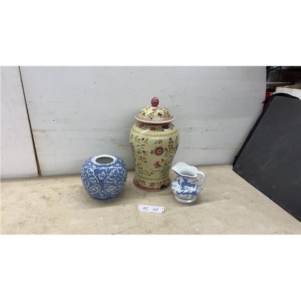 Floral Lidded Ginger Jar, Blue and White Vase, and Dragon Motif Pitcher