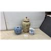 Image 1 : Floral Lidded Ginger Jar, Blue and White Vase, and Dragon Motif Pitcher