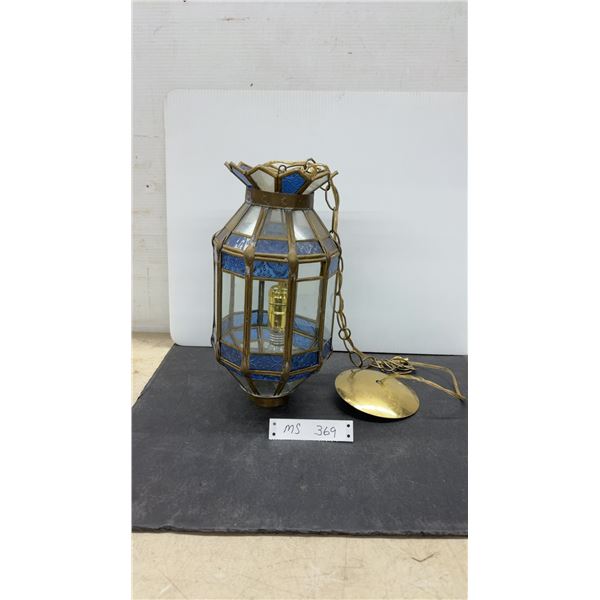 Vintage Hanging Pendant Lantern with Brass Frame and Blue and Clear Glass Panels, Lantern 13” High