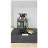 Image 1 : Vintage Hanging Pendant Lantern with Brass Frame and Blue and Clear Glass Panels, Lantern 13” High