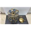 Image 2 : Vintage Hanging Pendant Lantern with Brass Frame and Blue and Clear Glass Panels, Lantern 13” High