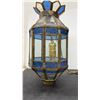 Image 3 : Vintage Hanging Pendant Lantern with Brass Frame and Blue and Clear Glass Panels, Lantern 13” High