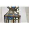 Image 4 : Vintage Hanging Pendant Lantern with Brass Frame and Blue and Clear Glass Panels, Lantern 13” High