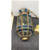 Image 5 : Vintage Hanging Pendant Lantern with Brass Frame and Blue and Clear Glass Panels, Lantern 13” High