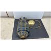 Image 6 : Vintage Hanging Pendant Lantern with Brass Frame and Blue and Clear Glass Panels, Lantern 13” High
