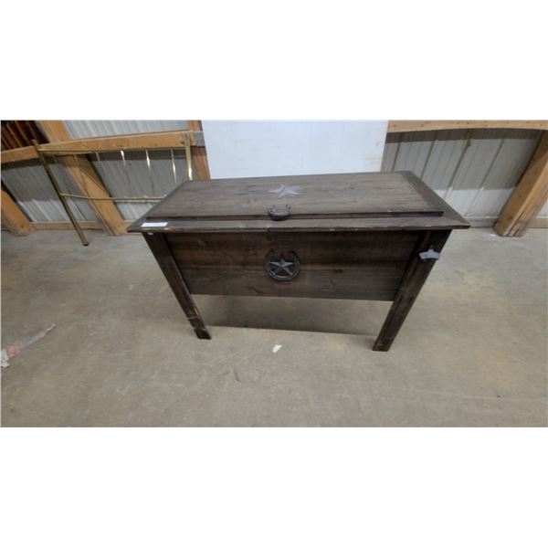 Rustic Wood Cooler with Horseshoe and Star Accents, Bottle Opener, and Handles 29”×43”×20”