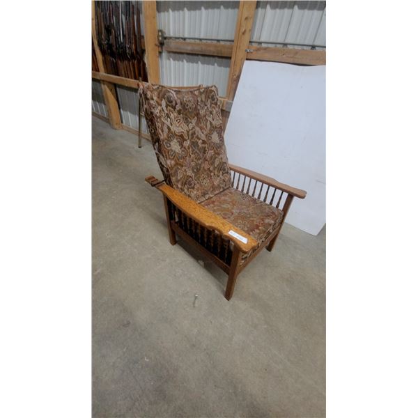 Oak Mission Style morris chair with Floral Upholstery and Adjustable Back