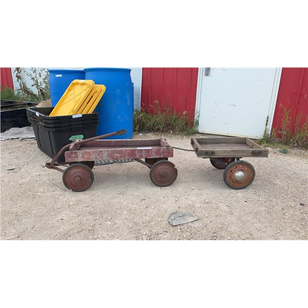 Vintage Fire Chief Wooden Pull Wagon With Matching Two-Wheel Trailer, circa 1940s-1960s