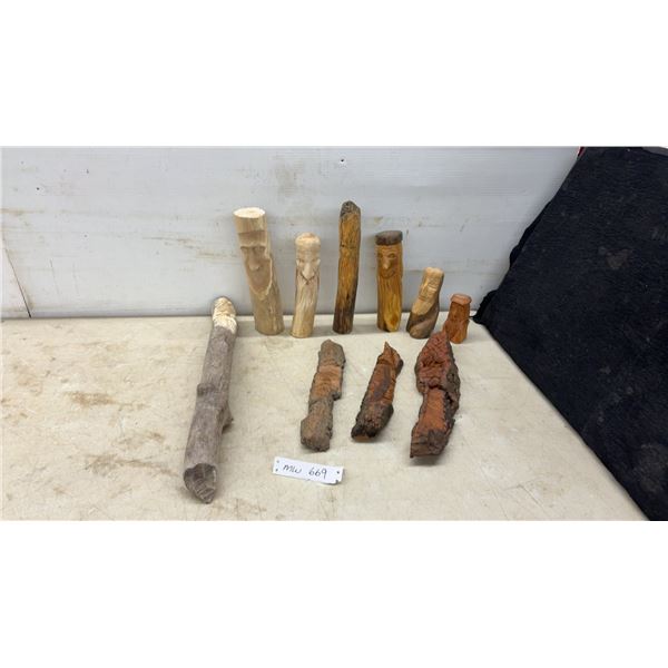 Hand-Carved Wood Spirit Folk Art Figures and Bark Log Carvings, Tallest 22”