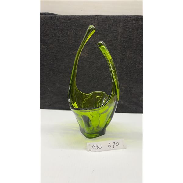 Art Glass Basket in Lime Green, Mid-Century Modern, 13 3/4” Tall