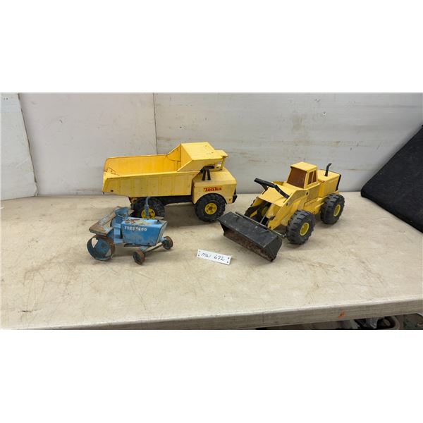 Vintage Tonka Mighty Dump Truck, Tonka Mighty Loader, and Ford 2600 Toy Tractor