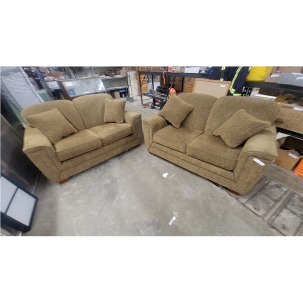Pair of Upholstered La-Z-Boy Loveseats with Throw Pillows, 64”