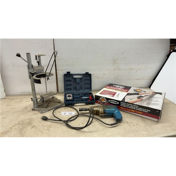 Macleods Drill Press Stand, Mastercraft Multimeter Kit, Hyde Mud-Gun Pro Kit