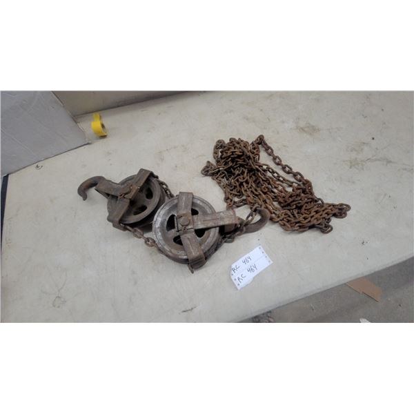 Vintage Double Pulley Block and Tackle with Hook and Chain