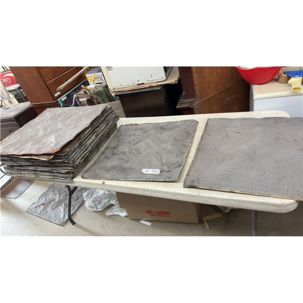 35 Antique Pressed Tin Ceiling Tiles with Embossed Foliate and Knot Design, 24 × 24”