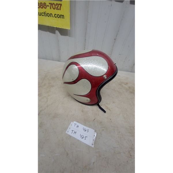 Vintage Open-Face Motorcycle Helmet with Red and Silver Glitter Flame Design, and Chin Strap size 7