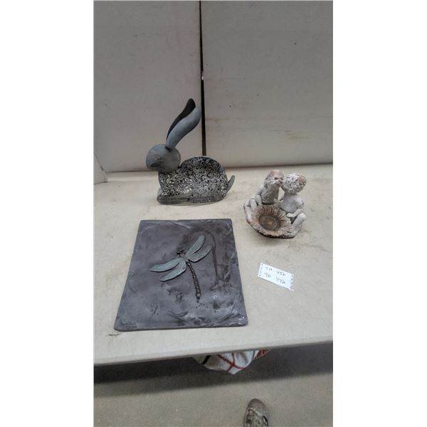 Metal Rabbit Sculpture, Dragonfly Wall Art, and Cherub Figurine with Sunflower Bowl