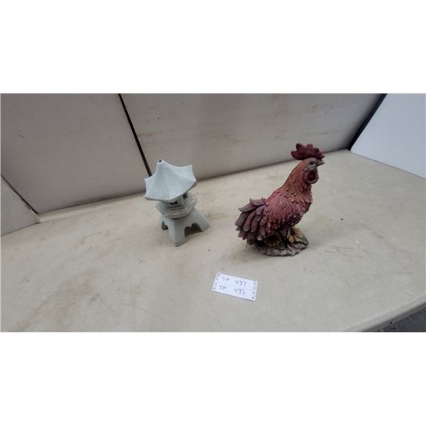 Rooster Figurine with Sunflowers and Japanese Pagoda Lantern Figurine