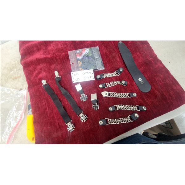 Lot of Goth/Punk Accessories: Suspenders, Belt Buckles, Chains, and Skull Bandana