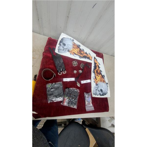 Biker-Themed Lot: 2 Skull and Flame Decals, 2 Iron Cross Patches, 2 Iron Cross Earrings, Leather