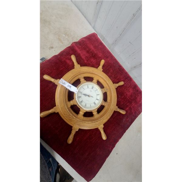 Ship's Wheel Wall Clock, Quartz Movement, Roman Numerals, Wood Frame, 21” diameter
