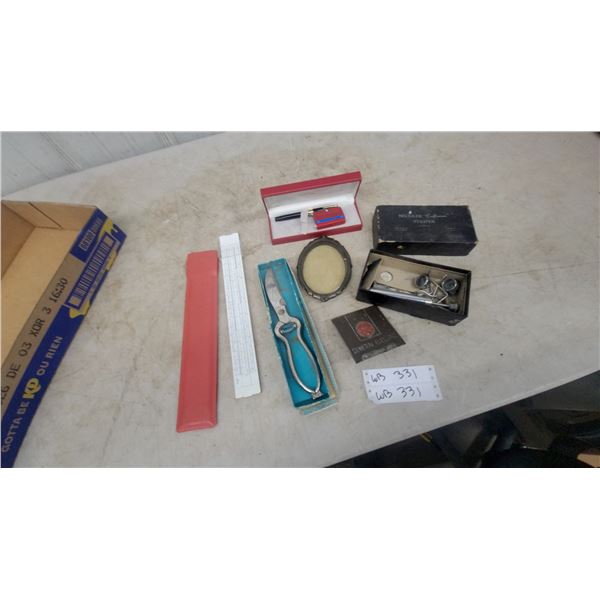 Sheaffer Pen and Lighter Set, General Electric Plaque, Pruning Shears, Slide Rule