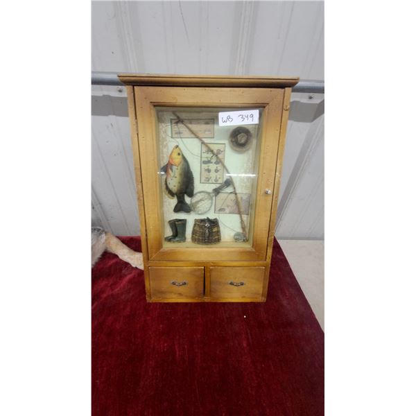 Fishing-Themed Shadow Box Cabinet with Fish Figurine, Rod, and Net