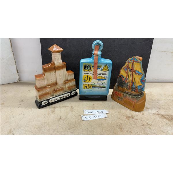 Jim Beam Regal China Decanters: 1968 Broadmoor, 1970 Discover New Mexico, and 1970 Ship