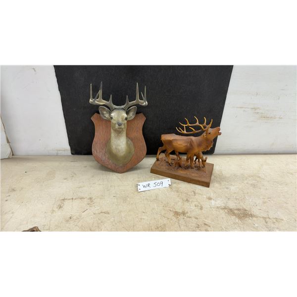 Faux Deer Head Shield Wall Plaque and Black Forest Style Carved Wood Bugling Elk Sculpture